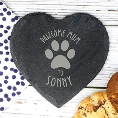 Image of eBuyGB Personalised Slate Coaster, Pawsome Mum, Mummy, Mum Birthday Gift, Present from Dog/Cat, Engraved Drinks Coaster (Heart)