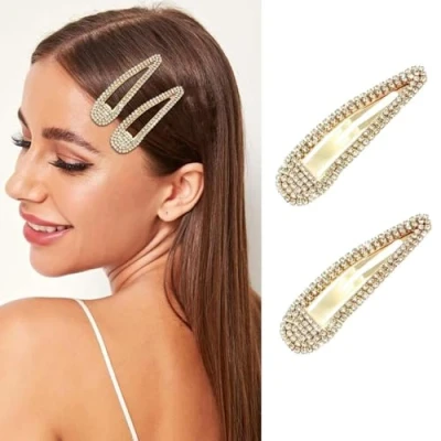 Image of 2Pcs Rhinestone Snap Hair Clip, Metal Clips, Crystal Barrettes Glitter French Duckbill Pin, for Women Girls Decorative Party Accessories (Gold)