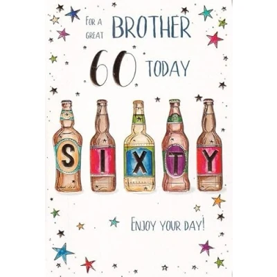 Image of ICG Great Brother 60th Milestone Birthday Card Age 60 Beer Bottles and Stars Embossed with Foil Details
