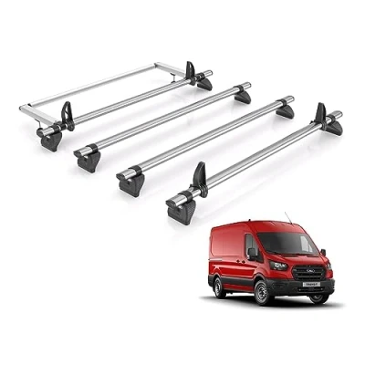 Image of Rhino Roof Rack for Ford Transit 2014+ [Only Fits Long (L3) Wheelbase Models] 4 Bars &amp; Rear Ladder Roller + Loadstops KR30/TC4FL/KLS2