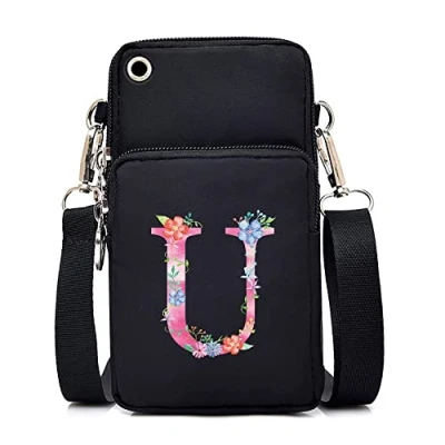 Image of FINDING CASE initial letter Printed Women Girls men Zipper Waterproof Nylon 3 Layers Crossbody Bags Wallet Cellphone Purse Shoulder Bag Wristlet Handbags Adjustable Strap (pink U)