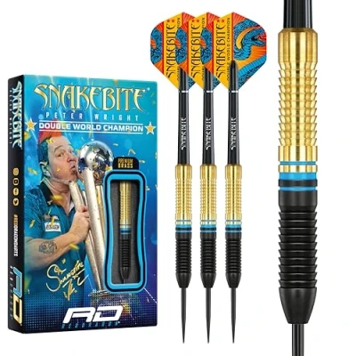 Image of RED DRAGON Peter Wright Snakebite 21G Steel Tip Brass Darts Set with Dart Flights and Shafts (Stems)