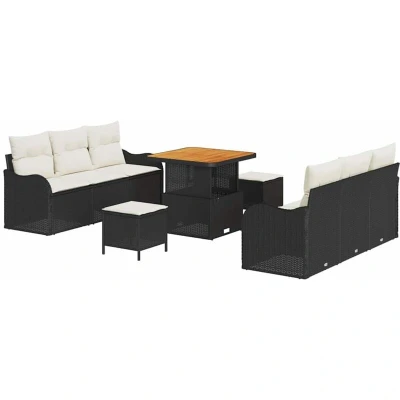 Image of vidaXL 9 Piece Garden Sofa Set with Cushions Black Poly Rattan Acacia
