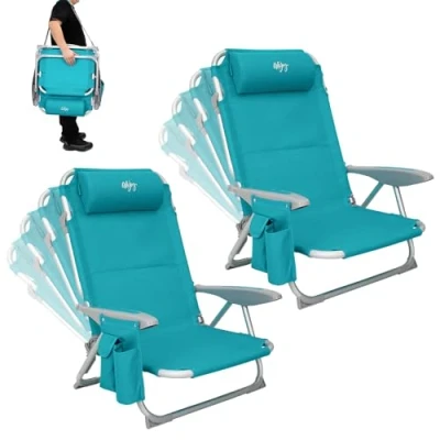 Image of #WEJOY 4 Position Adjustable Beach Chair for Adults Set of 2, Folding Low Lightweight &amp; Portable, High Back Pillow Pocket Outdoor Garden Reclining Camping Chair, Cyan
