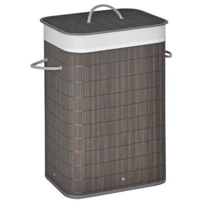 Image of HOMCOM Laundry Basket with Flip Lid and String Handles, Collapsible Hamper Removable Lining Board Base Foldable Water Resistant Dirty Clothes Storage, Grey