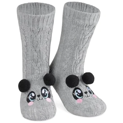 Image of CityComfort Fluffy Socks for Women Teenagers Sherpa Lined Animal Slipper with Non Slip Grip Pads One Size Gifts (Grey Panda)
