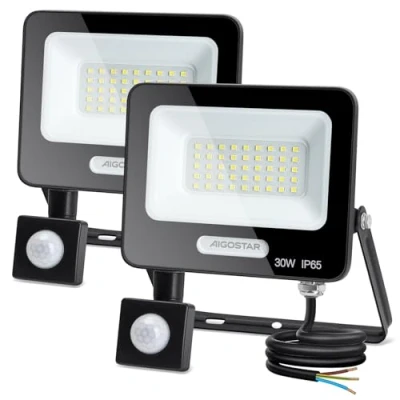Image of Aigostar PIR Outdoor Sensor Light, 30W Motion Flood Lights, Outside Security Lights 2750 Lumen, IP65 Waterproof Floodlight 6500K, Ultra Thin Spotlight for Garden Garages Black 2 Pack
