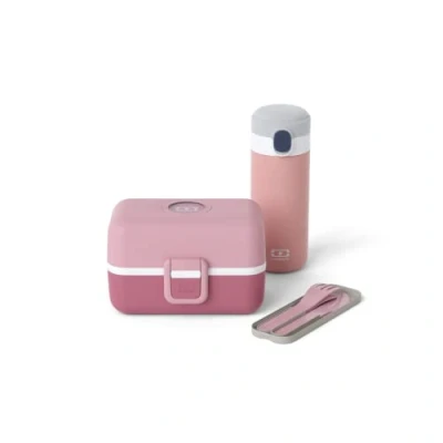Image of monbento Blush Kids Lunch Box Set with Bento MB Tresor Compartiments, Reusable Cutlery Pocket Color, Water Bottle Pop Flamingo BPA Free Food Grade Safe Pink