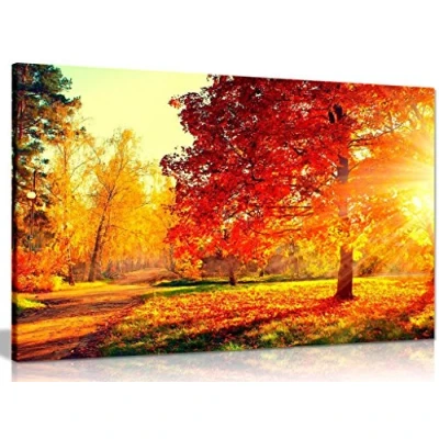 Image of Autumn Scene Trees And Leaves In Sun Light Canvas Wall Art Picture Print (36x24in)