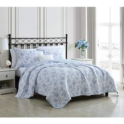 Image of Laura Ashley Home King Quilt Set, Reversible Floral Cotton Bedding with Matching Shams, Decor for All Seasons (Walled Garden Blue, King)