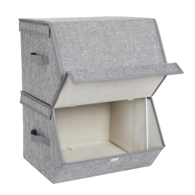 Image of SONGMICS Set of 2 Storage Boxes with Lid, Stackable Folding Fabric Boxes, Metal Frame and Side Handles, for Accessories, Toys, Clothing, Grey RLB02GY