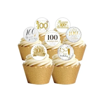 Image of Top That 24 Precut Round 100th Birthday Celebration Edible Wafer paper Cake Cupcake Toppers