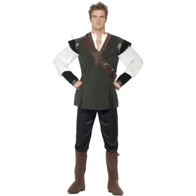 Image of Smiffys Robin Hood Costume, Green Trousers, Shirt, Belt, Arrow Holder &amp; Boot Covers, Historical Fancy Dress, Adult Dress Up Costumes