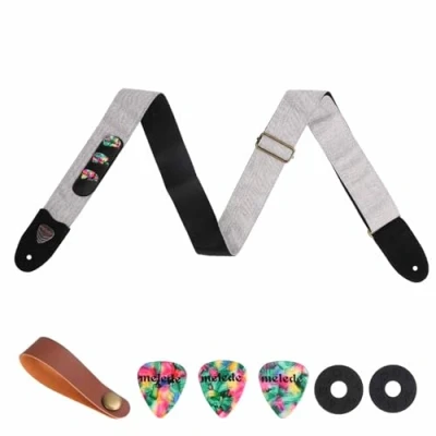 Image of Guitar Strap with Leather Ends and Pick Pocket, 3 Picks, Button Included, Ideal for Electric Acoustic Bass Guitar, Banjos Ukulele