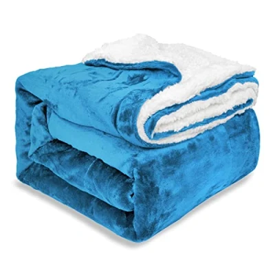 Image of EHC Sherpa Flannel Fleece Throw Blanket Fluffy Soft Thick Microfiber Solid Warm Blankets for Bed and Couch, Turquoise, Double, 150 cm x 200