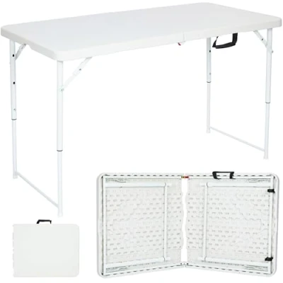 Image of Nyxi 4ft Folding Table White Top &amp; Legs Adjustable Height 5674cm Sturdy, Waterproof Portable 122Lx61Wcm for Camping, BBQs, Garden, Party Use Heavy Duty, Easy to Store