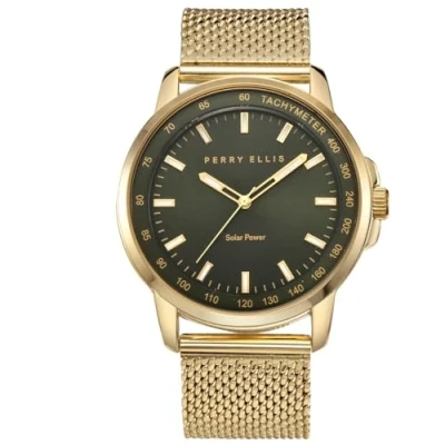 Image of Perry Ellis Solar Powered Mens Watch Steel Mesh Band Water Resistant Analog Wrist Watches for Men 43mm Case Aluminum Tachymeter Bezel Elegant Gift Man, Gold, One Size, Dress