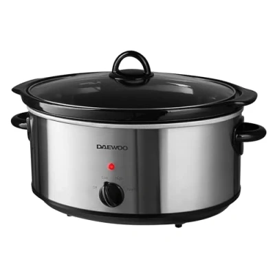 Image of Daewoo SDA1788 6.5L Slow Cooker Stainless Steel 3 Heat Settings Dishwasher Safe Pot &amp; Lid Power Indicator Useful Carry Handles Raised Feet Manual Temperature Control 300W, Grey