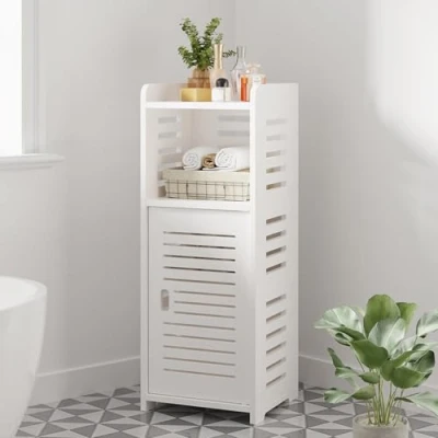Image of Dripex 4 Tier Bathroom Floor Cabinet, White Storage Cabinet with Door, Narrow Free Standing Cupboards Adjustable Shelves for Bathroom, Bedroom or Balcony (Door Style 1)