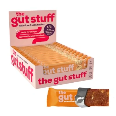 Image of The Gut Stuff High Fibre Fruit &amp; Nut Bars Friendly Snack, Gluten Free, Vegan, Low Calorie, All Natural Peanut Butter, 12 x 35g Box