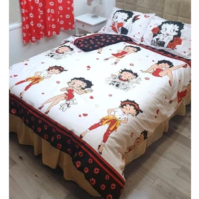 Image of Betty Boop King Size Bed Eras Duvet Cover Bedding Set, Hearts Wink Lips Kiss Pudgy Dog Polka Dot, Black White Red