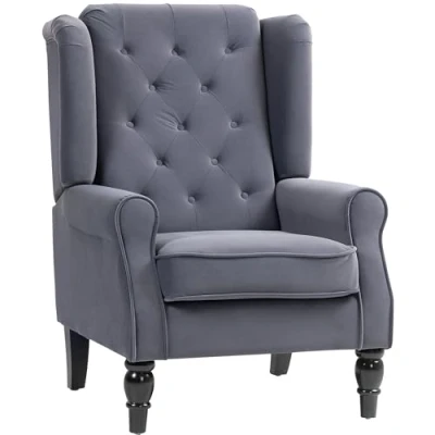 Image of HOMCOM Retro Accent Chair, Wingback Armchair with Wood Frame Button Tufted Design for Living Room Bedroom, Charcoal Grey