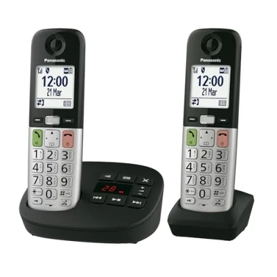 Image of Panasonic KX TGU432EB Digital Cordless Landline Phone with Answering Machine, Base Unit &amp; 2 Handsets, LCD Display, Fav Call, Torchlight, Hearing Aid Compatible, Black Silver