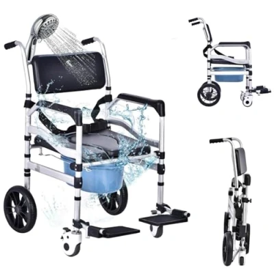 Image of YMAOMAO Height Adjustable Commode Chair, Chair on Wheels, Foldable Mobile Toilet Shower Stool, Ergonomic Seat for the Elderly and Disabled