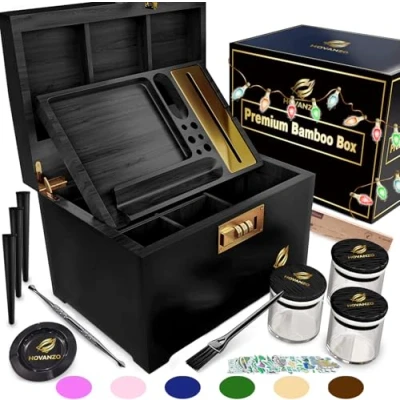 Image of Premium Large Stash Box Smell Proof with Rolling Tray Storage Wood for Herbs and Accessories Set Combination Lock Container (Black)