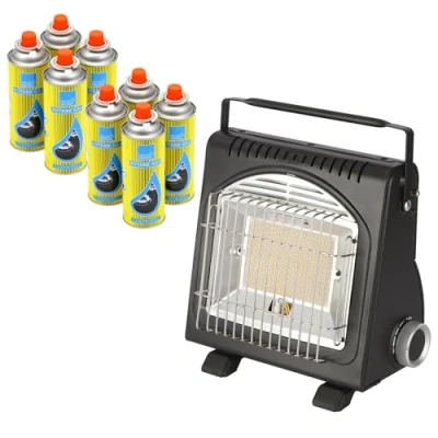 Image of Portable Butane Heater 1.7kW Compact Outdoor Gas with Piezoelectric Ignition Infrared Ceramic Burner, Lightweight Camping Emergency Heating (Heater + 8 Canisters)