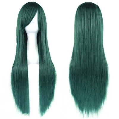 Image of Fouriding 32&quot; Dark Green Women&#039;s Long Straight Full Wigs Costume Synthetic Hair Hairpieces with Oblique Bangs for Halloween Anime Cosplay Party Girl Women +Wig Cap