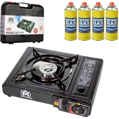 Image of MEA® Black Portable Camping Stove with Cary Case &amp; 4 Butane Gas EN417 Compliant Premium Automatic Ignition Heat Control