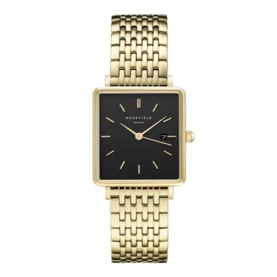 Image of Rosefield Women&#039;s Watch The Boxy: Gold 26 * 28mm Square Case with Black Dial and Strap QBSG Q017