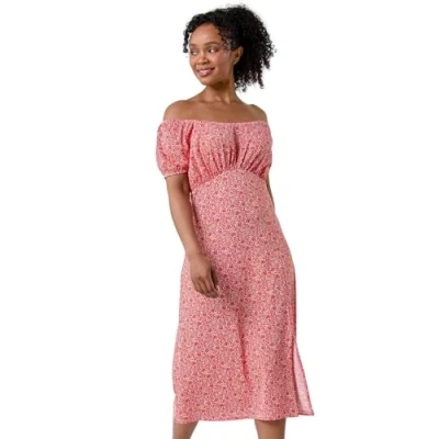 Image of Roman Petite Womens Ditsy Print Midi Stretch Dress Orange Size 18 UK