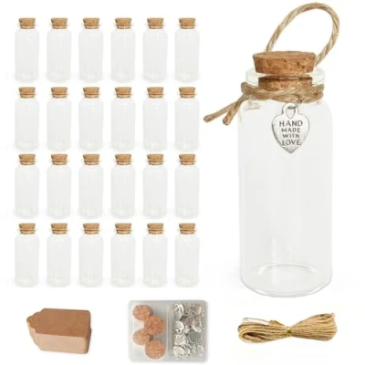 Image of LOYONAL Mini Glass Bottles With Cork, 24 Pcs 30 ml Small Jars Cork Lids, Wedding Favour Bottles, Craft Wish Jar