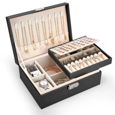 Image of Pystuvo Jewellery Box for Women, 2 Layer Large Organiser with Watch Pillows, PU Leather, Travel Earrings Rings Necklaces Watches Bracelets,Black