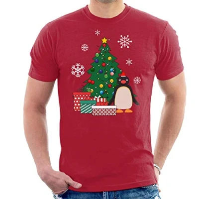 Image of Pingu Around The Christmas Tree Men&#039;s T Shirt Cherry Red
