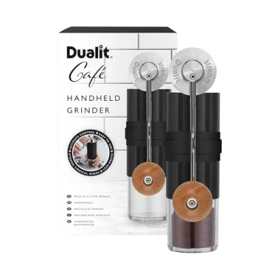 Image of Dualit Handheld Grinder Black &amp; Oak Espresso to Filter Coffee Grind Range Silicone Handle Grip Stainless Steel Conical Burr Non Slip, Easy Turn 40 Settings