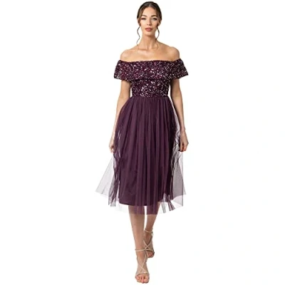 Image of Maya Deluxe Women&#039;s Ladies Bardot Dresses Midi High Empire Waist Sequins Embellished Formal Evening for Wedding Guest Bridesmaid, Berry, 18