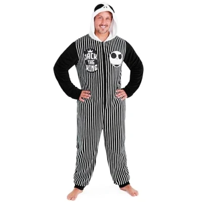 Image of Disney The Nightmare Before Christmas Mens Fleece Onesie with Hood, Cosy Loungewear Gifts for Him (Black/White, XL)
