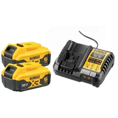 Image of DEWALT B DCB184 5.0Ah 18v XR Lithium Ion Battery Twin Pack With Charger, Yellow, 2 x &amp; DCB1104