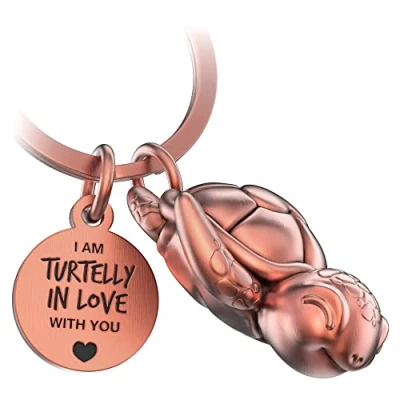 Image of FABACH Turtle Key Ring Snappy with Heart and Engraving Cute Keyring Love Lucky Charm as a Gift for Partner Turtelly in Love, Antique rose gold., standard size