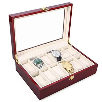 Image of Xample® Watch Display Box Jewelry Lockable Leather Storage Case with Top Glass 12 Compartments