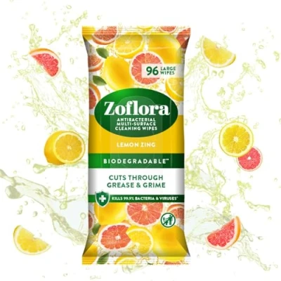 Image of Zoflora Lemon Zing Biodegradable Wipes, Antibacterial Multi surface Cleaning Kills 99,9% of Bacteria &amp; Viruses, Convenient, Quick Cleaning, 1 Pack (96 Sheets)
