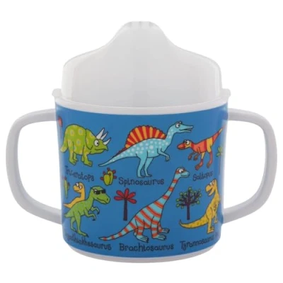 Image of Tyrrell Katz Two Handled Sippy Cup for Toddlers, Free Flow (No Valve), Removable Lid Transition to Open Beaker, Anti Slip Base, BPA Free, Detailed Dinosaur Illustrations