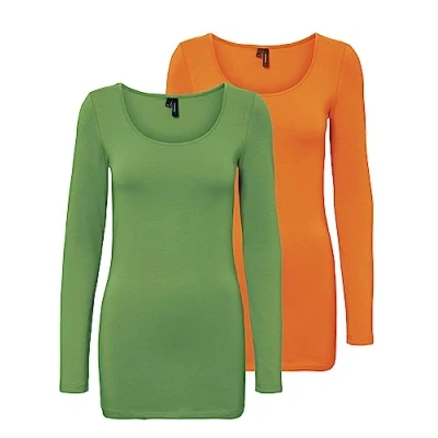 Image of VERO MODA Female Top VMMAXI My LS Soft Long U Neck 2 PCK, Orange/Green (1x Sun Orange/1x Meadow Green), S