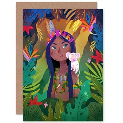 Image of Wee Blue Coo Jungle Girl Flowers Monkey Greetings Card