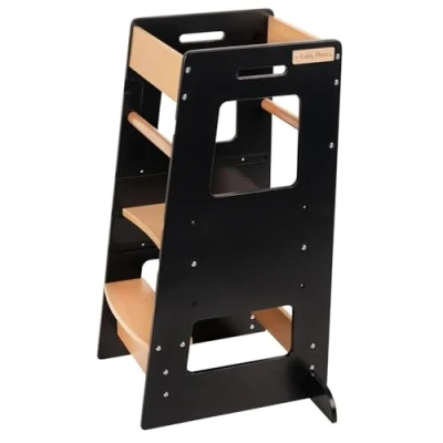 Image of KiddyMoon Kitchen Helper For Kids Step Stool Learning Tower Children Chair Adjustable Height Level Montessori Furniture, Babies Gadgets, ST 003, Black/Natural