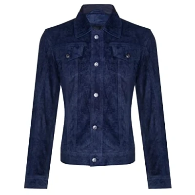 Image of Men&#039;s Navy Blue Goat Suede Jeans Jacket Trucker Casual Denim Leather Shirt 2XL