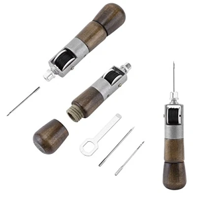 Image of Sewing awl, DIY Handmade Leather Hand Stitching Tool Kit Lock Stitch Awl +2 Needles+Wrench Craft Two Needles